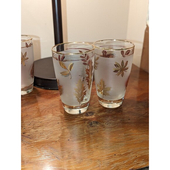 Vintage 60s Libbey Set of 4 Frosted Gold Leaf Drinking Glasses Gold leaves 5.25" - Picture 1 of 13